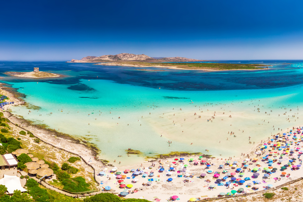 Famous La Pelosa beach with Torre della Pelosa on Sardinia island, Sardinia, Italy, Europe.