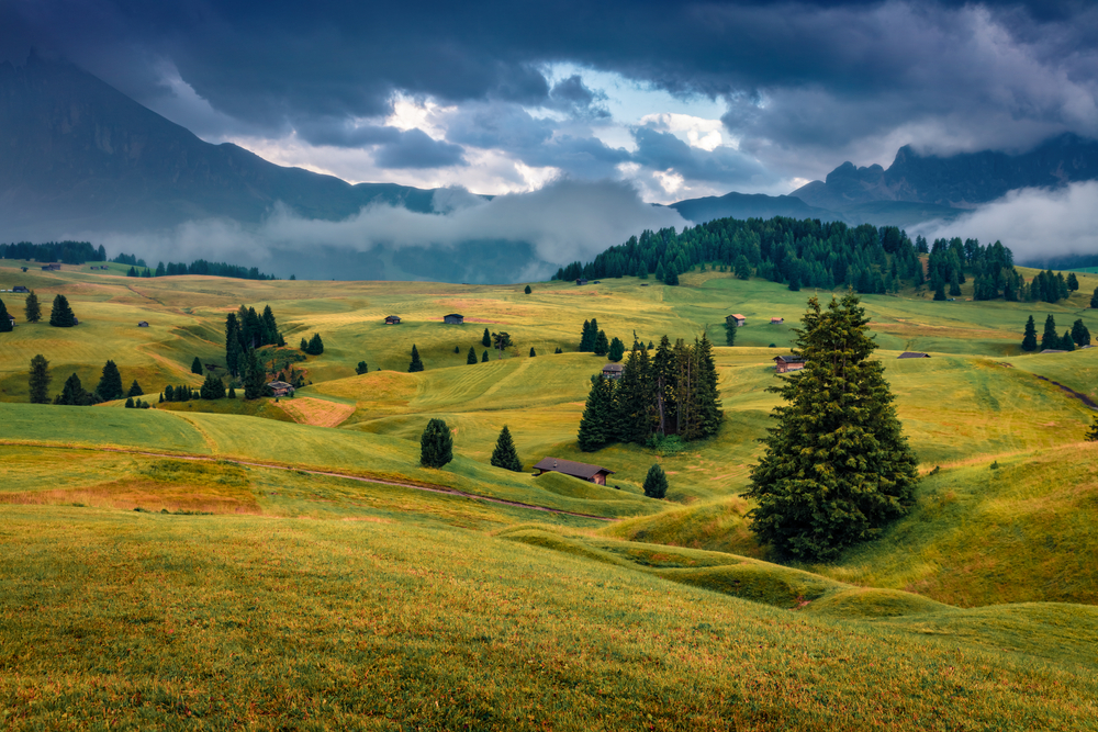  Low overcast view of Compaccio village, Dolomite Alps
