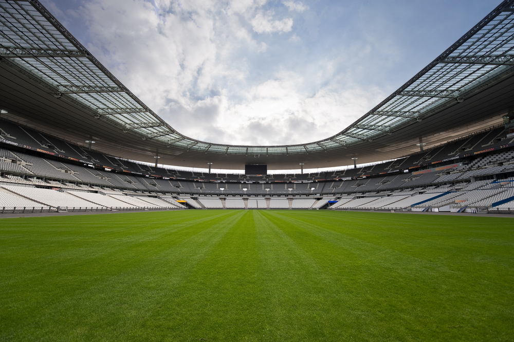 Stadiums in France offer behind the scene tours which let you see panoramic shots like this one-- witness the green grass, endless seats, private boxes and more.
