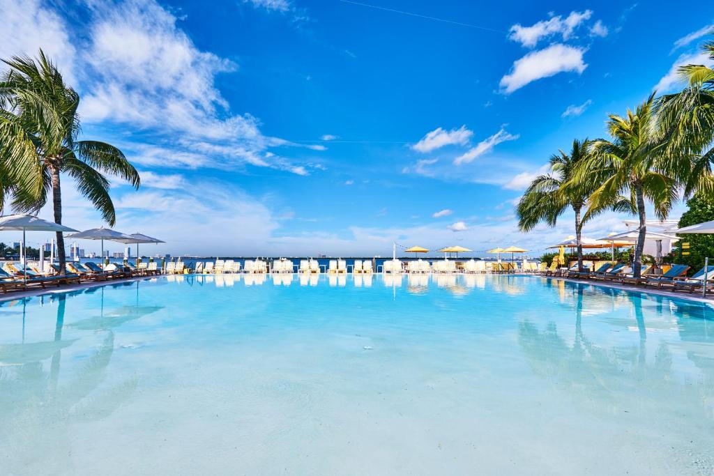 A large pool looking out onto the ocean with palm trees around the side. It is one of the Adults-Only Resorts In The USA 