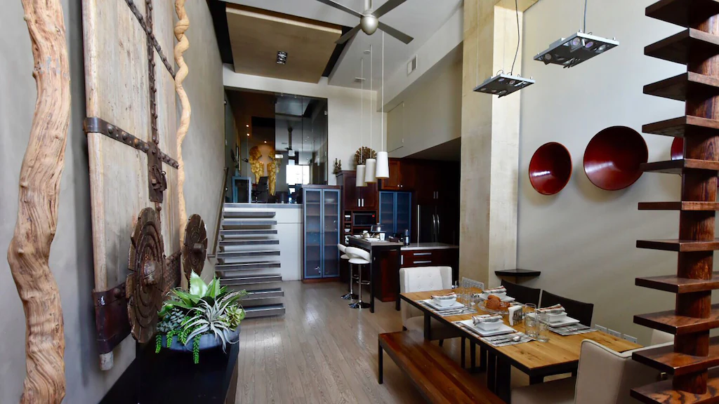 View of the chic dark wood and modern fixtures of the Five Star Loft. This is one of the best airbnbs in Chihuahua
