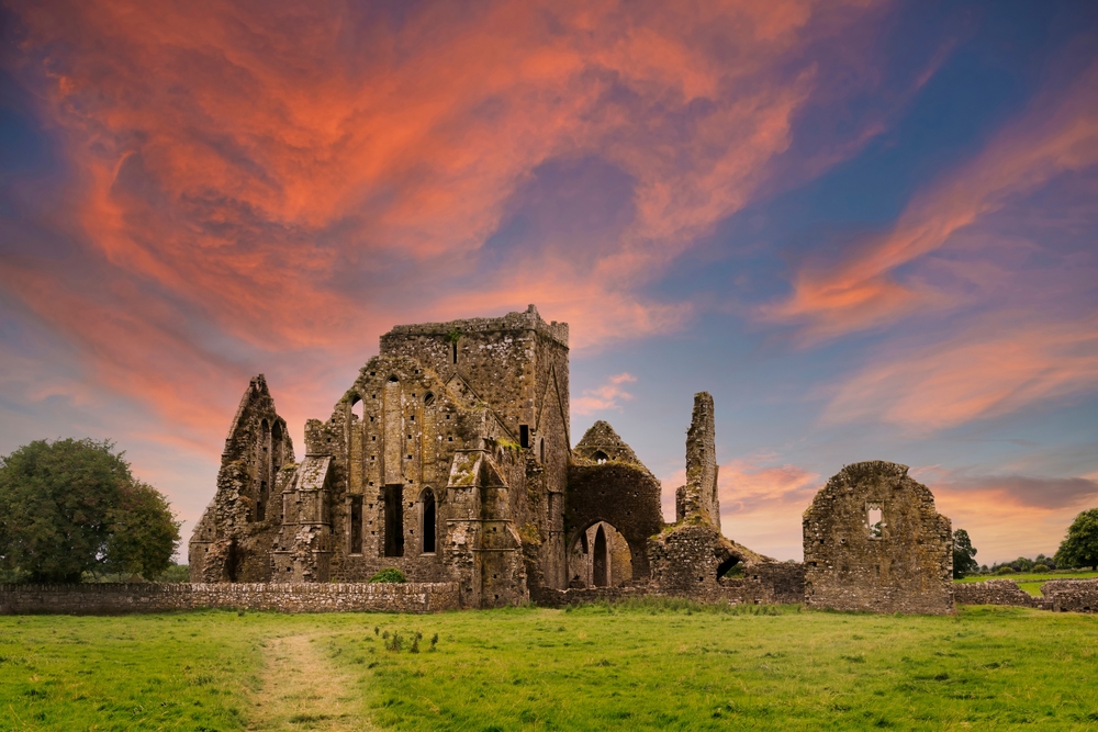 Pink sunset over the ruins of Hore Abbey.