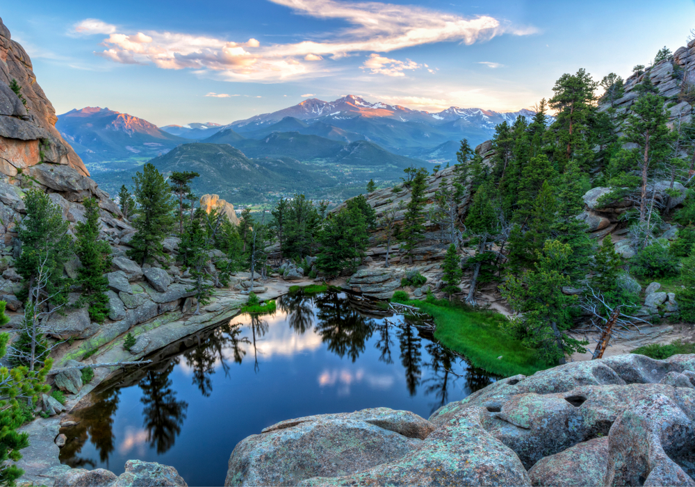 Sunset over a lake surrounded by mountains in Rocky Mountain National Park.