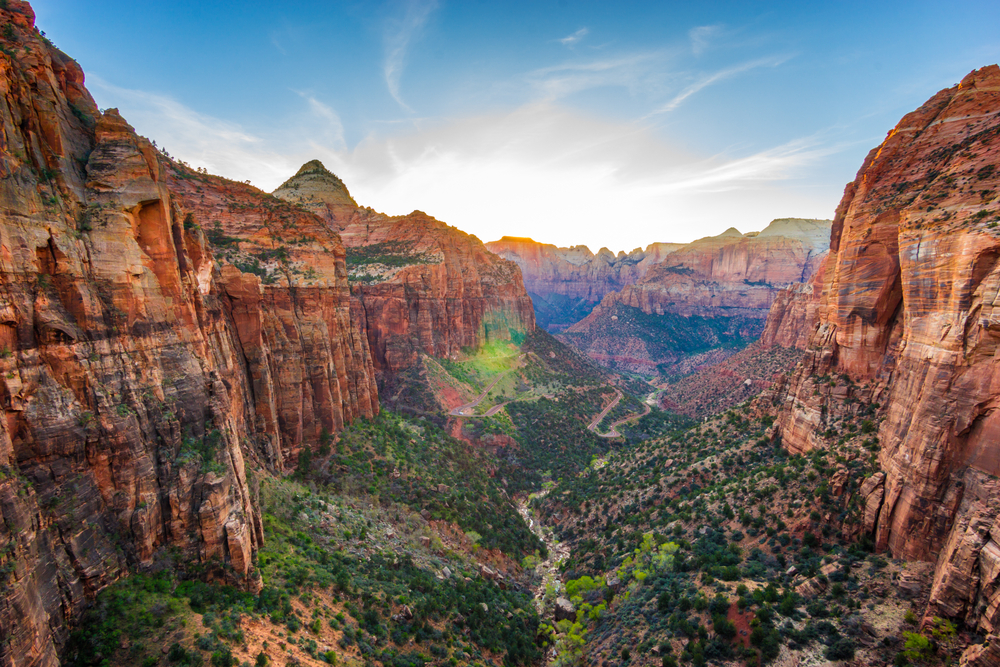 View looking down into the valley of Zion National Park in Utah.