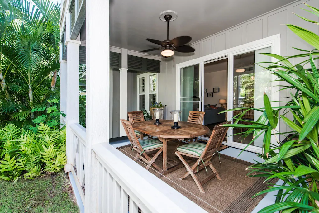 View of the Lanai of the Oasis at Coconut Plantation one of the luxury airbnbs in Oahu 