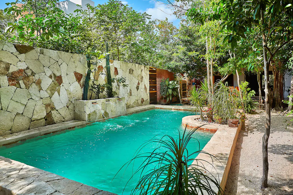 View of the trees surrounding the beautiful blue pool of Villa Marusya