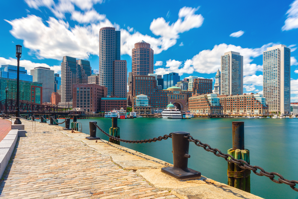 Bostons skyline and the harbor boardwalk. visiting here is one of the best summer vacations in the USA 