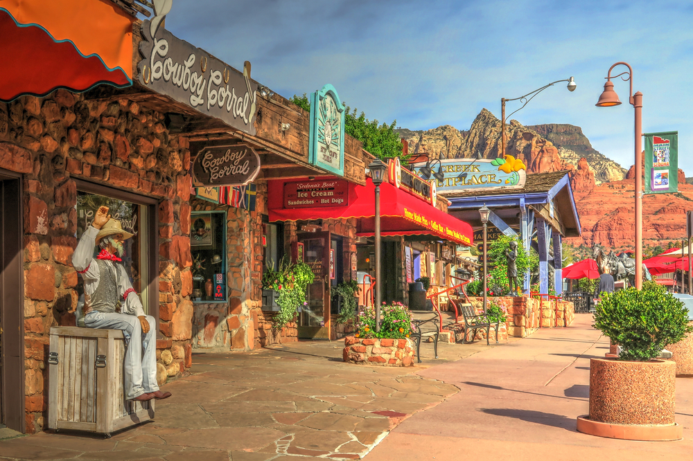 Downtown showing shops and tourist attractions with mountains in the background. The article is about where to stay in Sedona