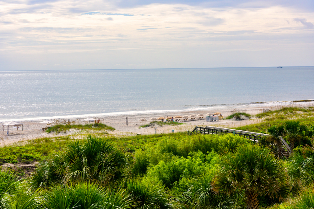 A look down on Amelia Beach over. the grass and wooden boardwalk to umbrellas on the beach and the ocean