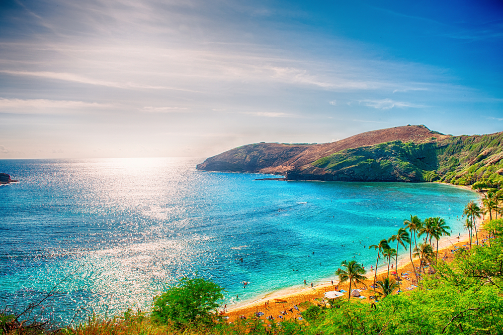 one of the best beaches in Hawaii with palm trees and big mountain ranges. 