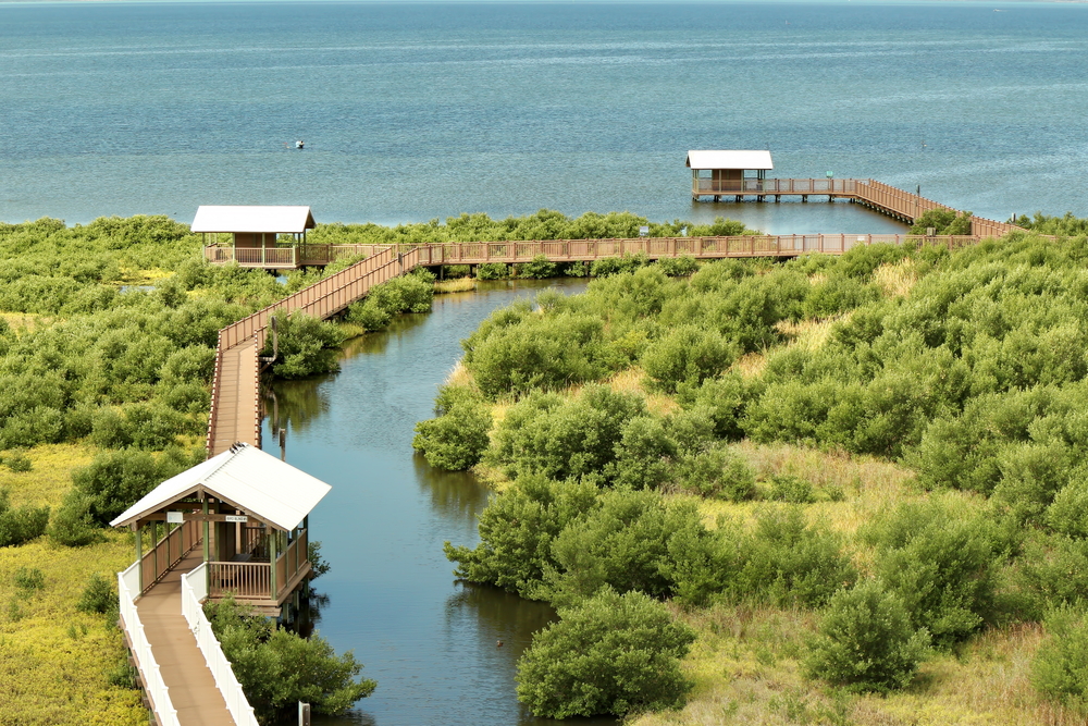 south padre island in texas is one of the best winter vacations in the USA. there is a dock with a few different boat houses 