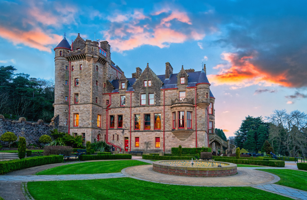 Elegant Belfast Castle at sunset.