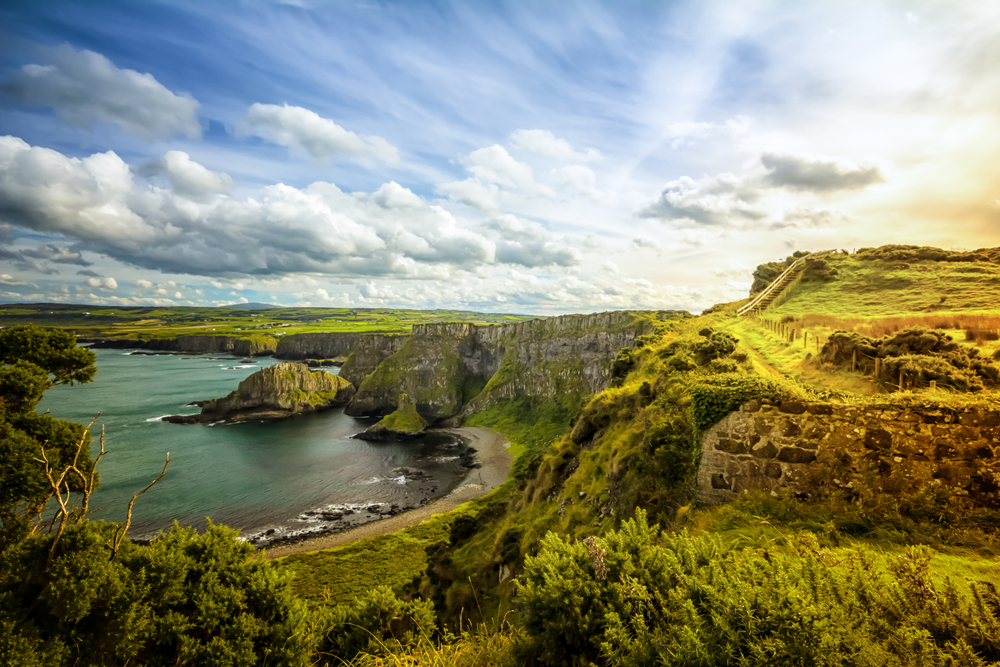 Rugged and green coastline of Northern Ireland.