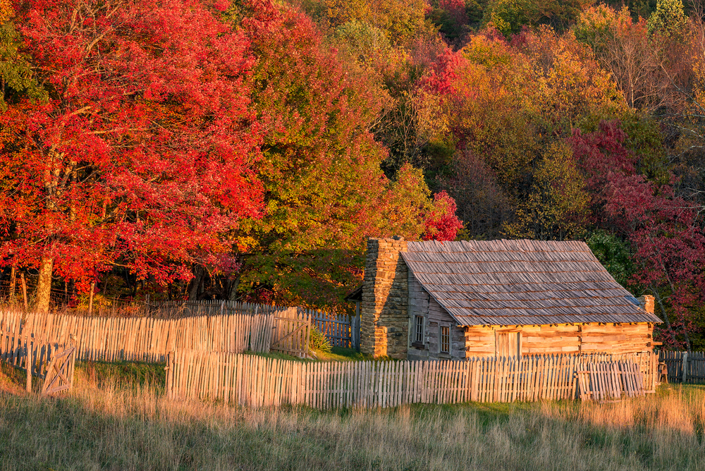 A historic cabin surrounded by fall foliage.