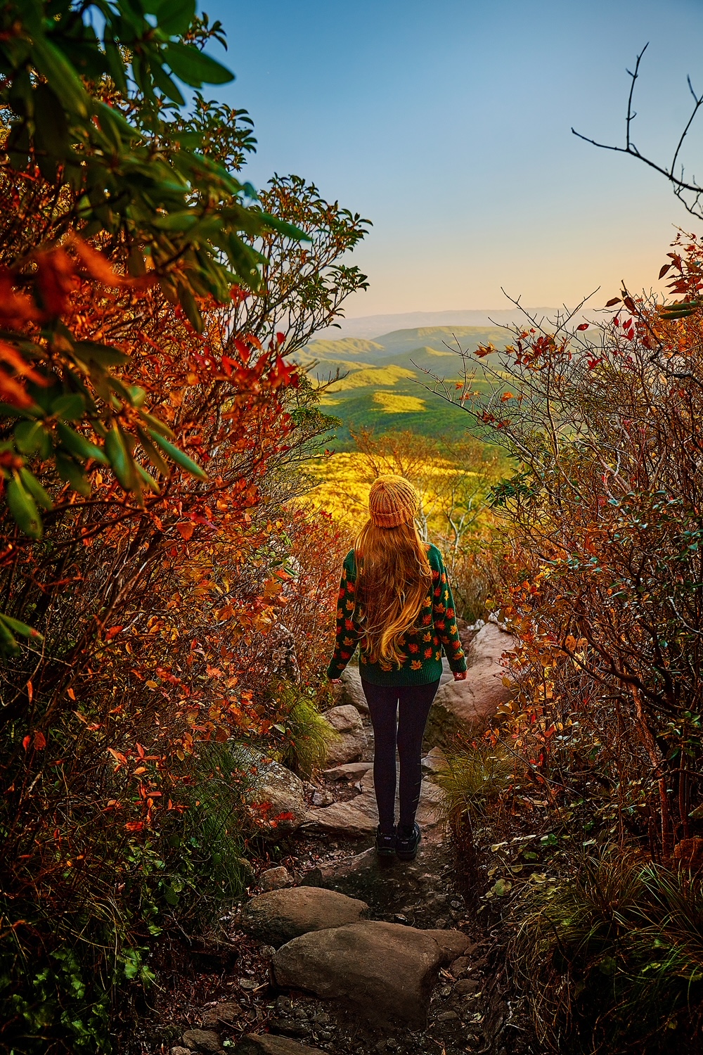 Woman walking along a path on Grandfather Mountain during fall in the USA.