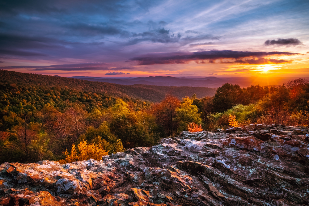 View over rolling hills of Shenandoah National Park during fall in the USA.