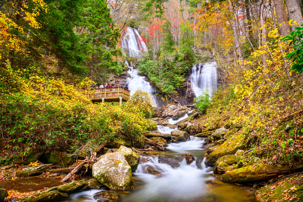 the waterfall during fall time at ruby falls with a viewing platform is one of the best thins to d in Georgia