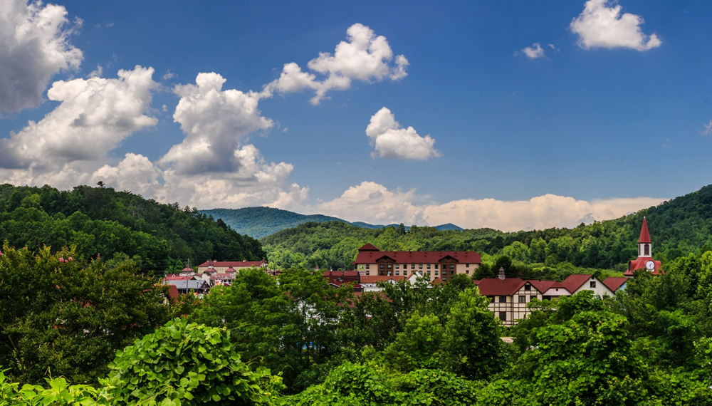 the picturesque town of Helen is in the mountains with Bavarian architecture