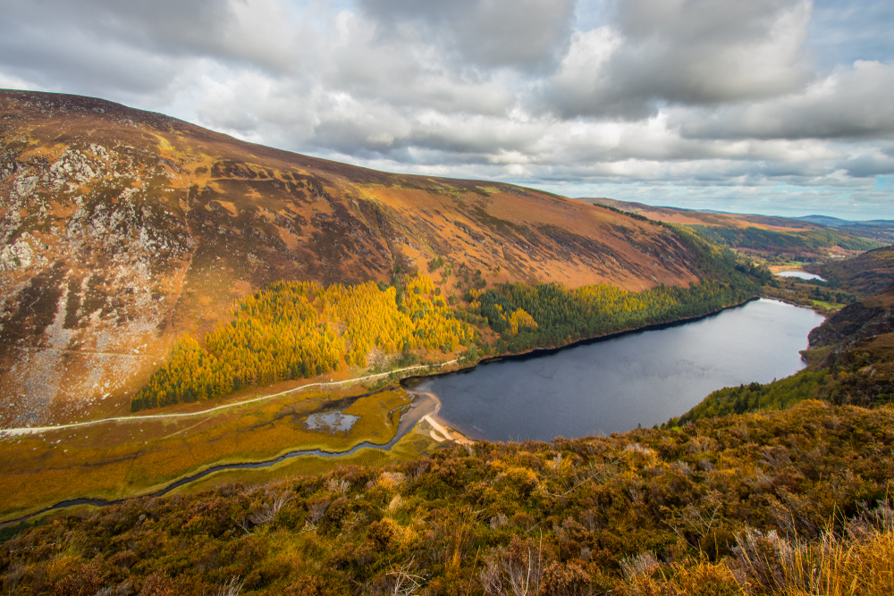 The lakes at Glendalough in the Wicklow mountains taken from above showing the lake and mountains 