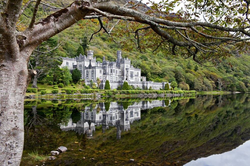 Kylemore Abbey, Ireland. the picture is taken across the lake and you can see the abbey in the distance. 