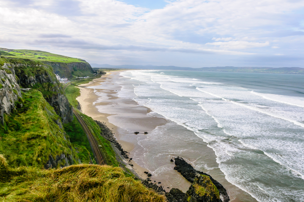 View looking down the cliffs to the Downhill Strand beach in Northern Ireland.