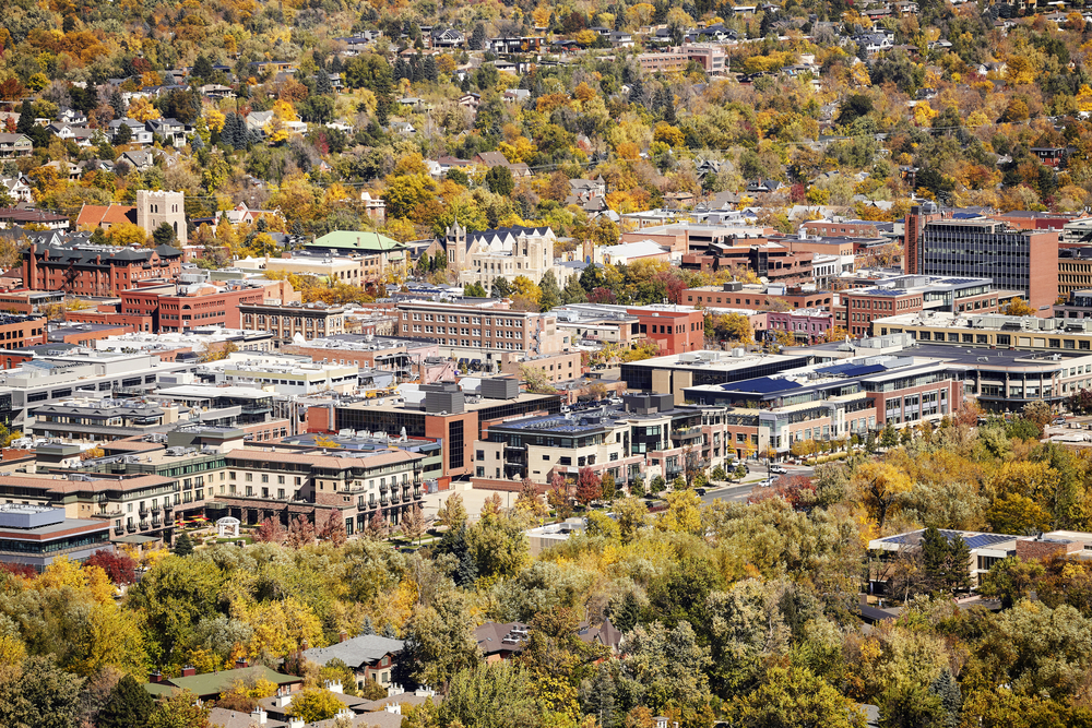 Aerial view of downtown Boulder, CO, in fall.