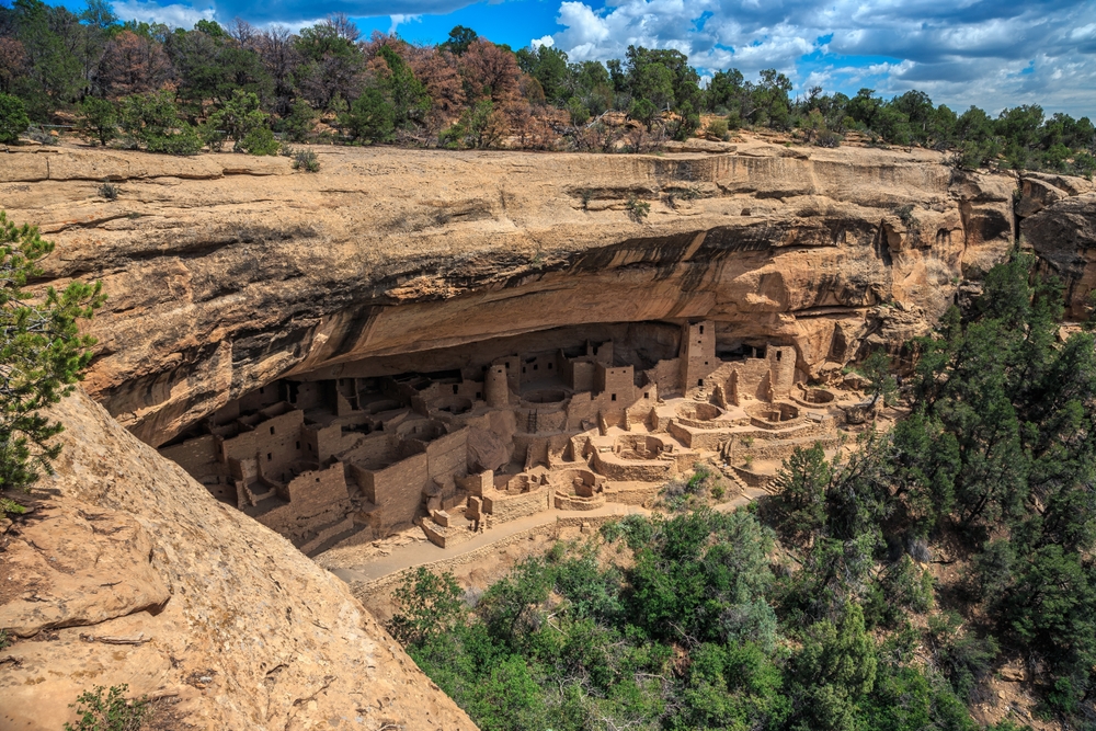 Wide view from the cliff of the ruins at Mesa Verde National Park.