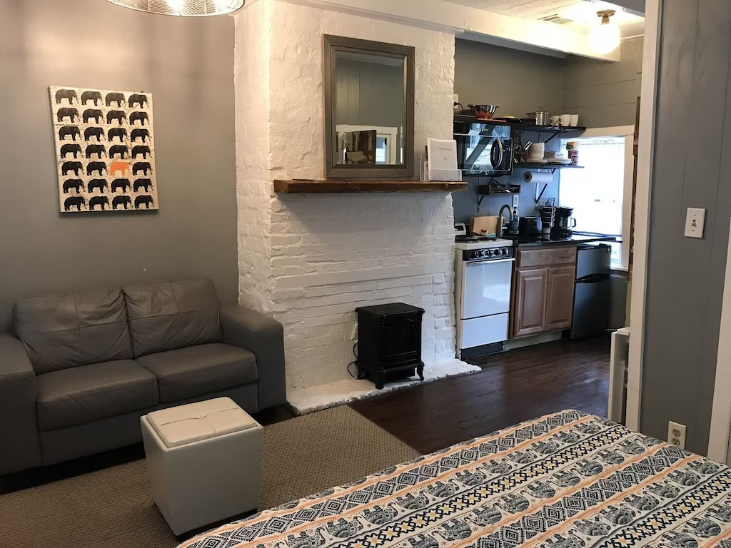 View of the small, well organized kitchen of this historic district cottage 