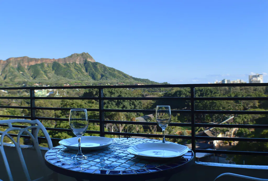 View of Diamond Head volcano from the small dining table on the porch of this VRBO in Hawaii