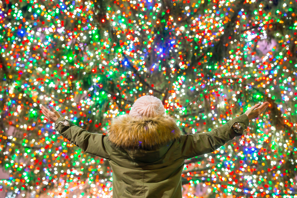 someone standing in front of christmas lights all bundled up and celebrating christmas 