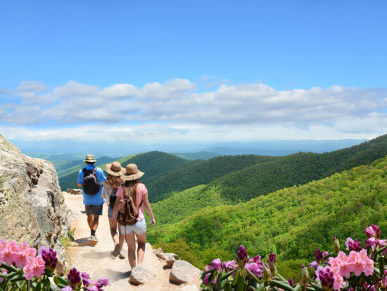 people hiking in asheville north carolina with blue skies and green mountains