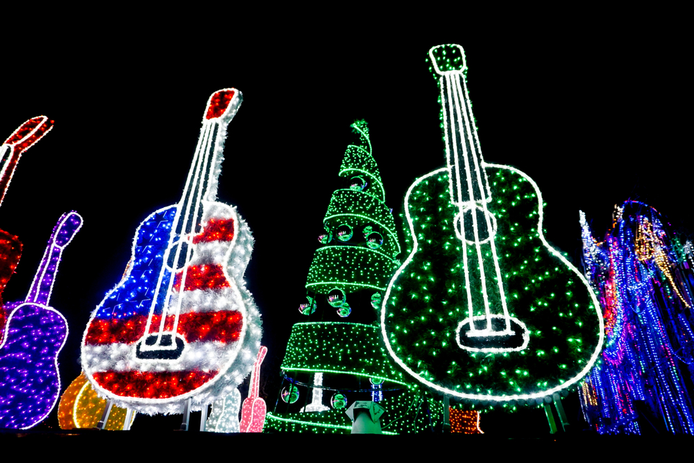 Guitars and a tree made of Christmas lights in Austin, TX.