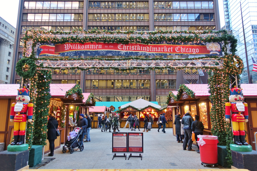 Entrance to the Christkindlmarket in Chicago during Christmas in the USA.
