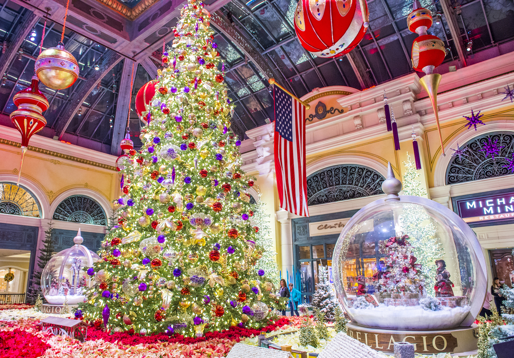 Christmas display in Bellagio Hotel with giant tree and snow globe.