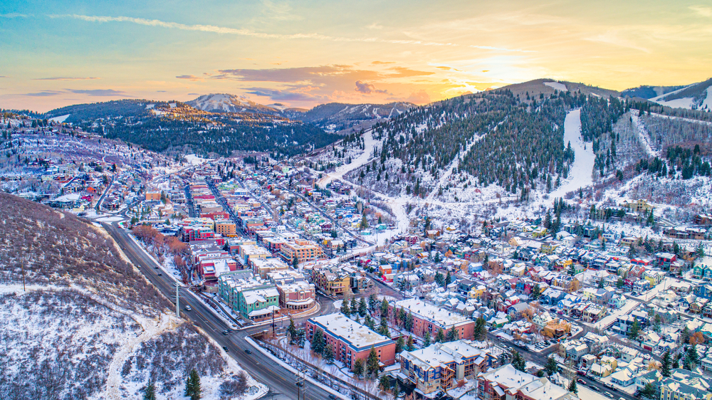 Sunset over the snowy Park City.