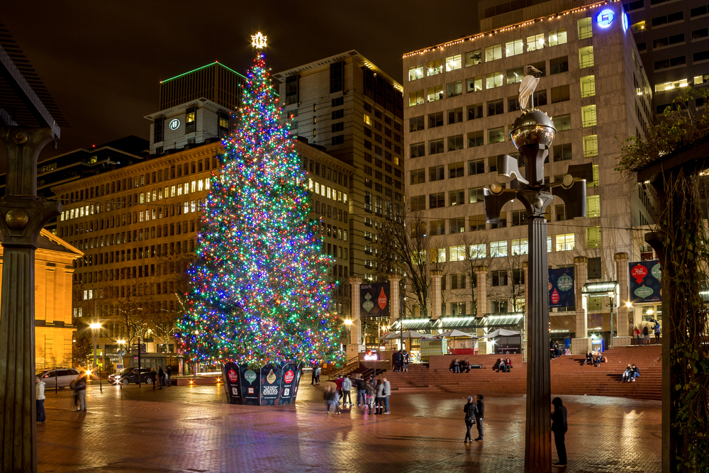 Tall lit Christmas tree in a square in Portland.