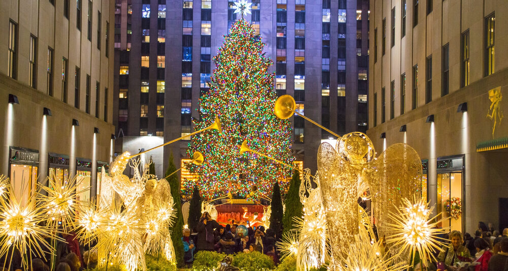 Tree at Rockefeller Center in New York City during Christmas in the USA.