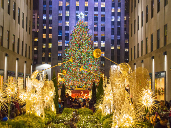 Tree at Rockefeller Center in New York City during Christmas in the USA.