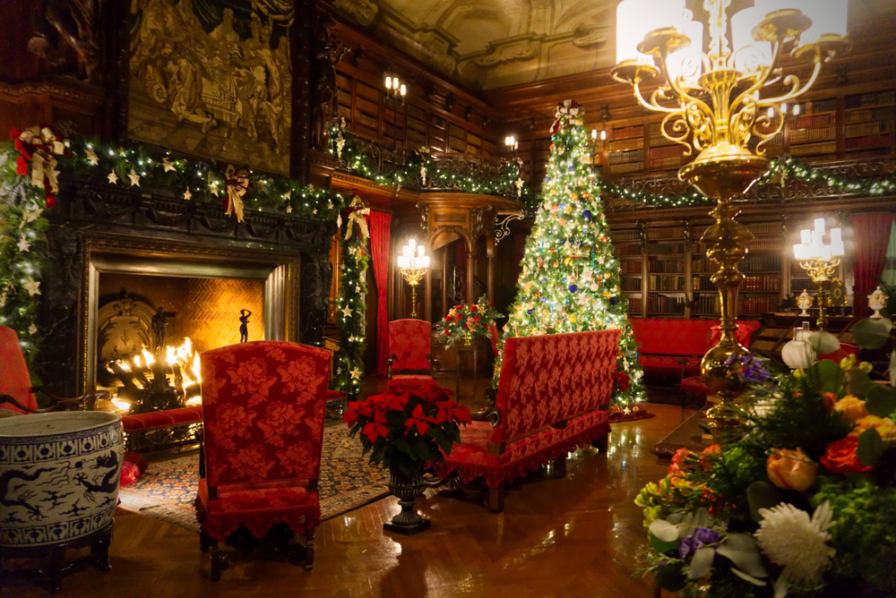 A room in the Biltmore Mansion that is fully decorated for Christmas with a tree, twinkle lights, and a fire in the fireplace
