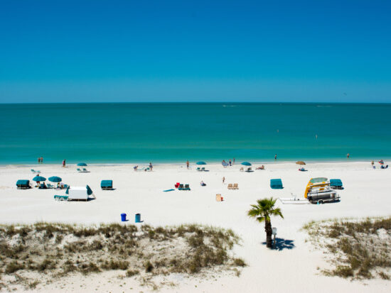 white sand beach with blue water and blue sky and palm trees in tampa florida