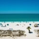 white sand beach with blue water and blue sky and palm trees in tampa florida