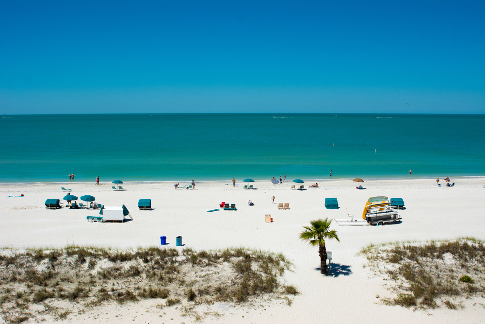 The stunning white sand, blue water, and rentals for comfort show that Treasure island is a great place to visit. 