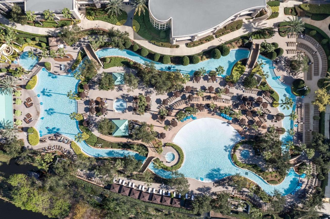 an ariel view of the water park complex complete with pools, lazy river, pool cabanas, and more