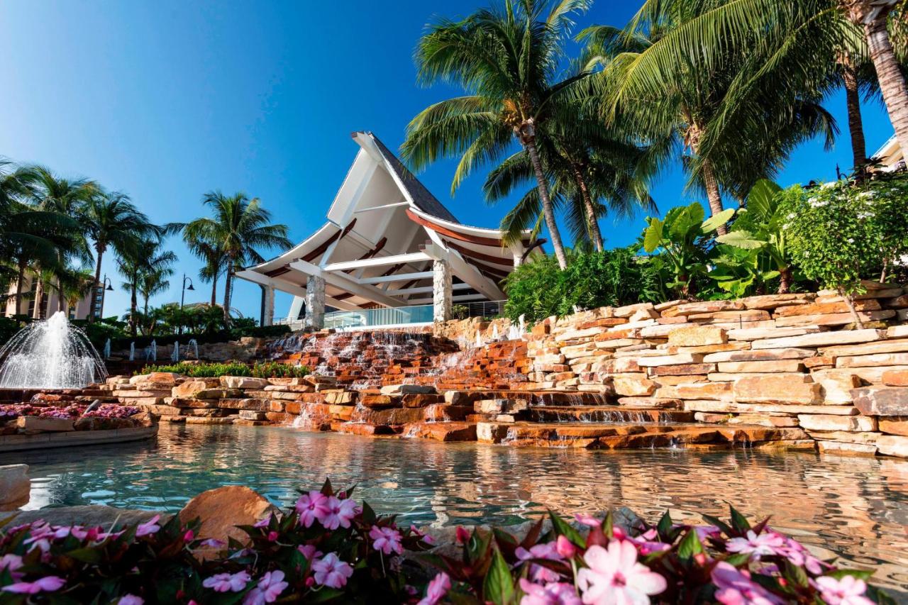 a beautiful image with rust coloured stones, a rolling waterfall and pink flowers at the bottom of the frame, a large pavilion stands with big palm trees and a fountain, a feature at one of the best beach resorts on marco island!