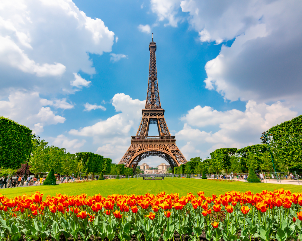 Eiffel Tower and spring tulips on Field of Mars, Paris, France