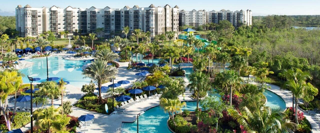 outdoor view of a pool snaking outside of a water park resort in orlando with palm trees and blue sky