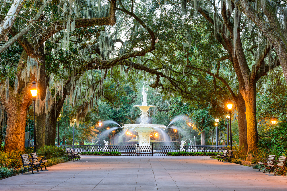 tall, willowy trees staple images in georgia with iron lampposts and fountains spewing water and iron fences