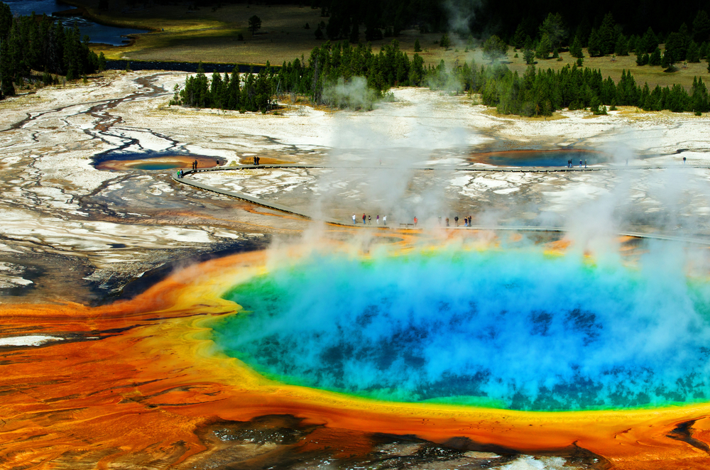 An aerial view of the Old Faithful geyser in Yellowstone National Park
