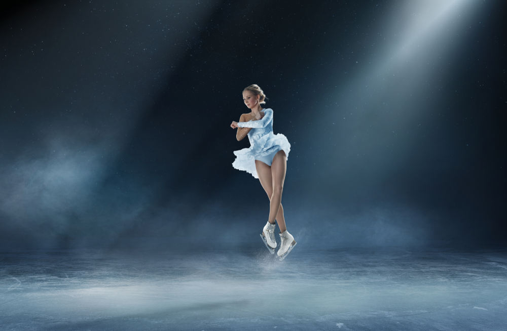 Ice skater doing an aerial turn at Busch Gardens Christmas Town.