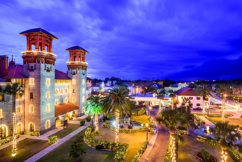 Townscape of St Augustine's Night of Lights over the Alcazar Courtyard, a great place to spend Christmas in Florida.